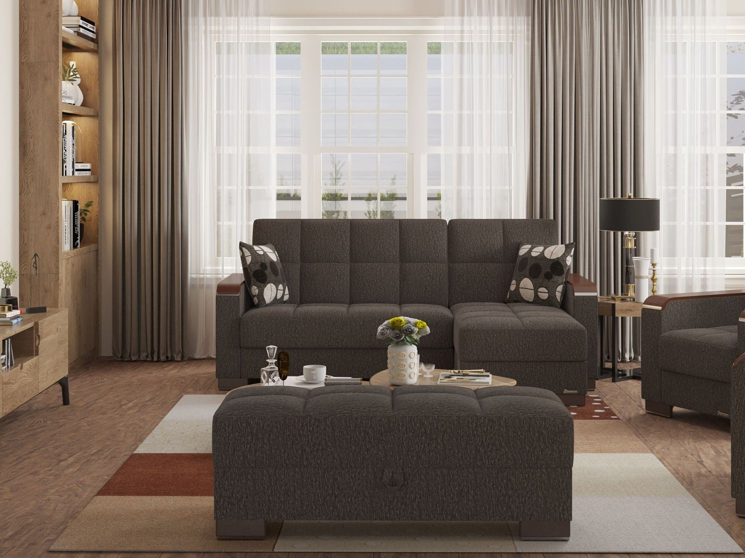 Ottomanson Armada X - Upholstered Convertible Wood Trimmed Ottoman With Storage - Gray Chenille
