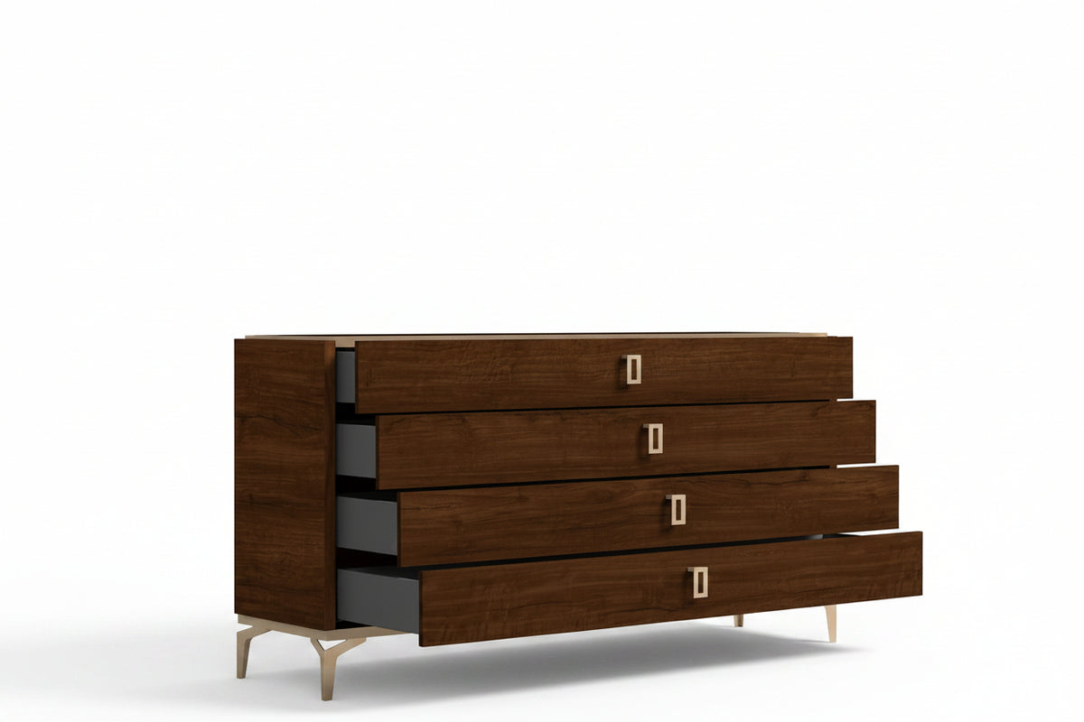 Wooden dresser with four drawers on a white background