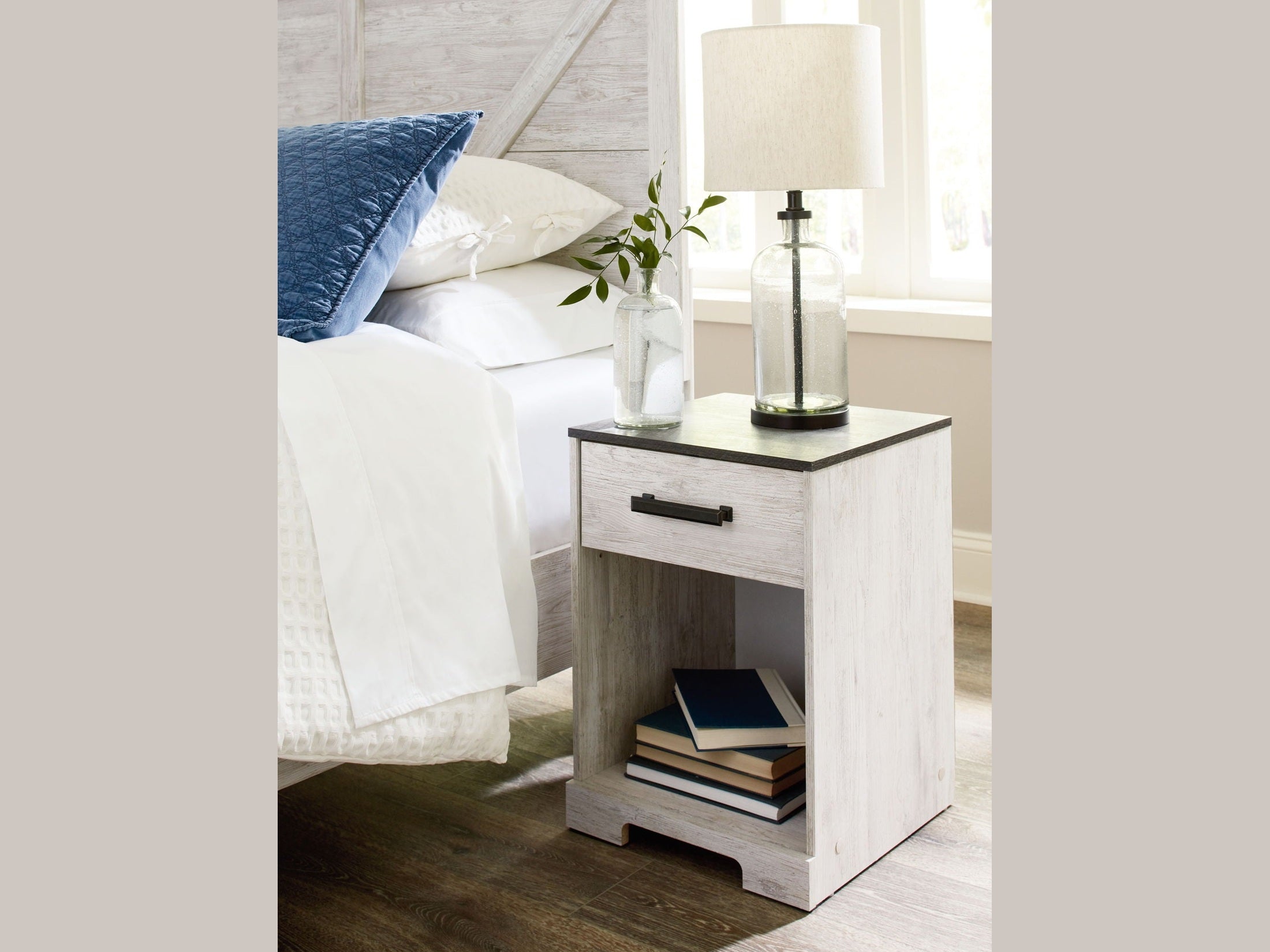Shawburn - One Drawer Night Stand - Open Cubby - White / Black / Gray