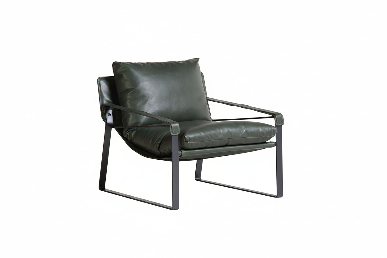 Forest Green leather armchair with metal frame on a white background