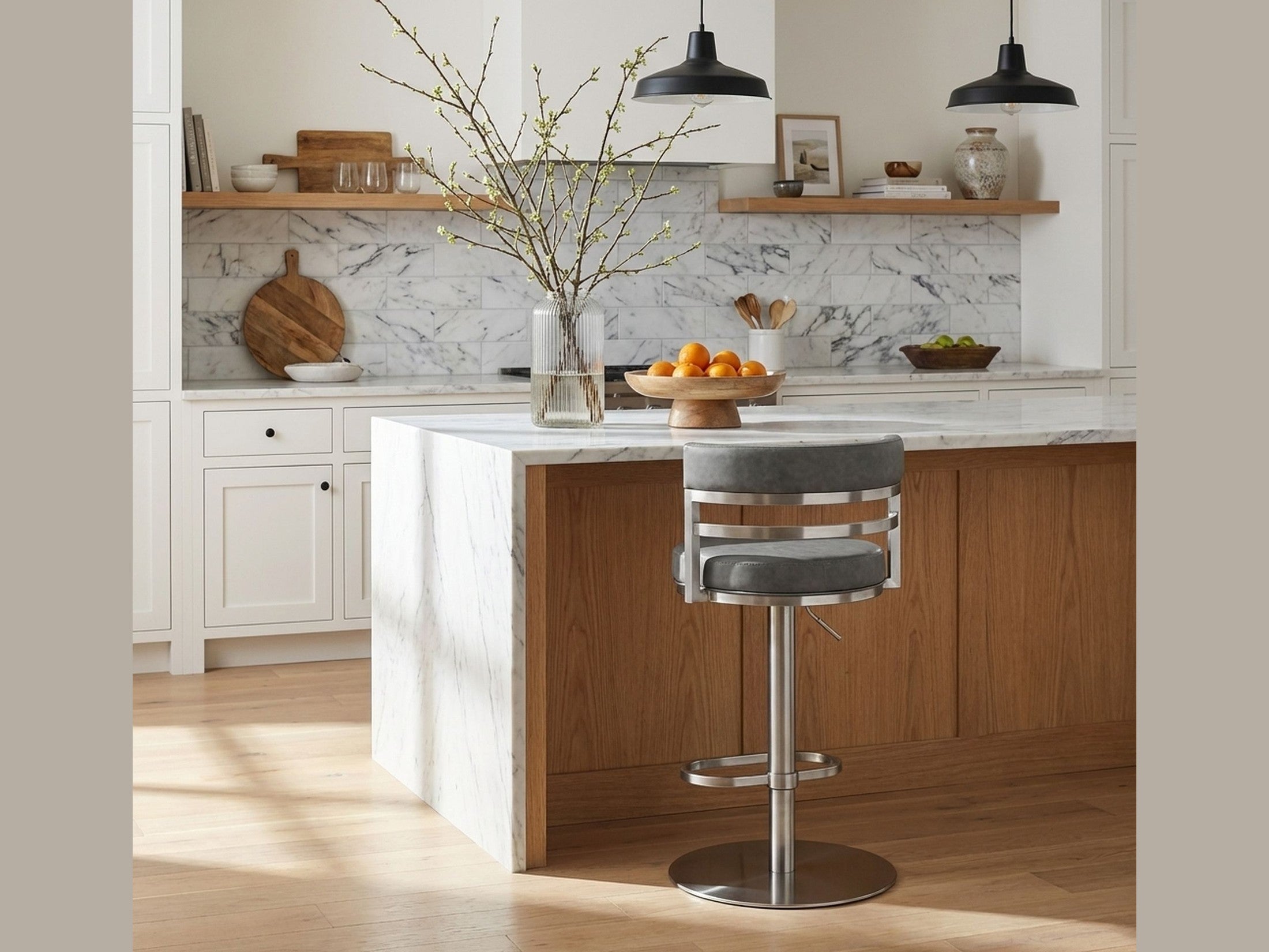 Judi - Modern Industrial Swivel Metal Adjustable Height Barstool With Faux Leather Seat - Silver Finish