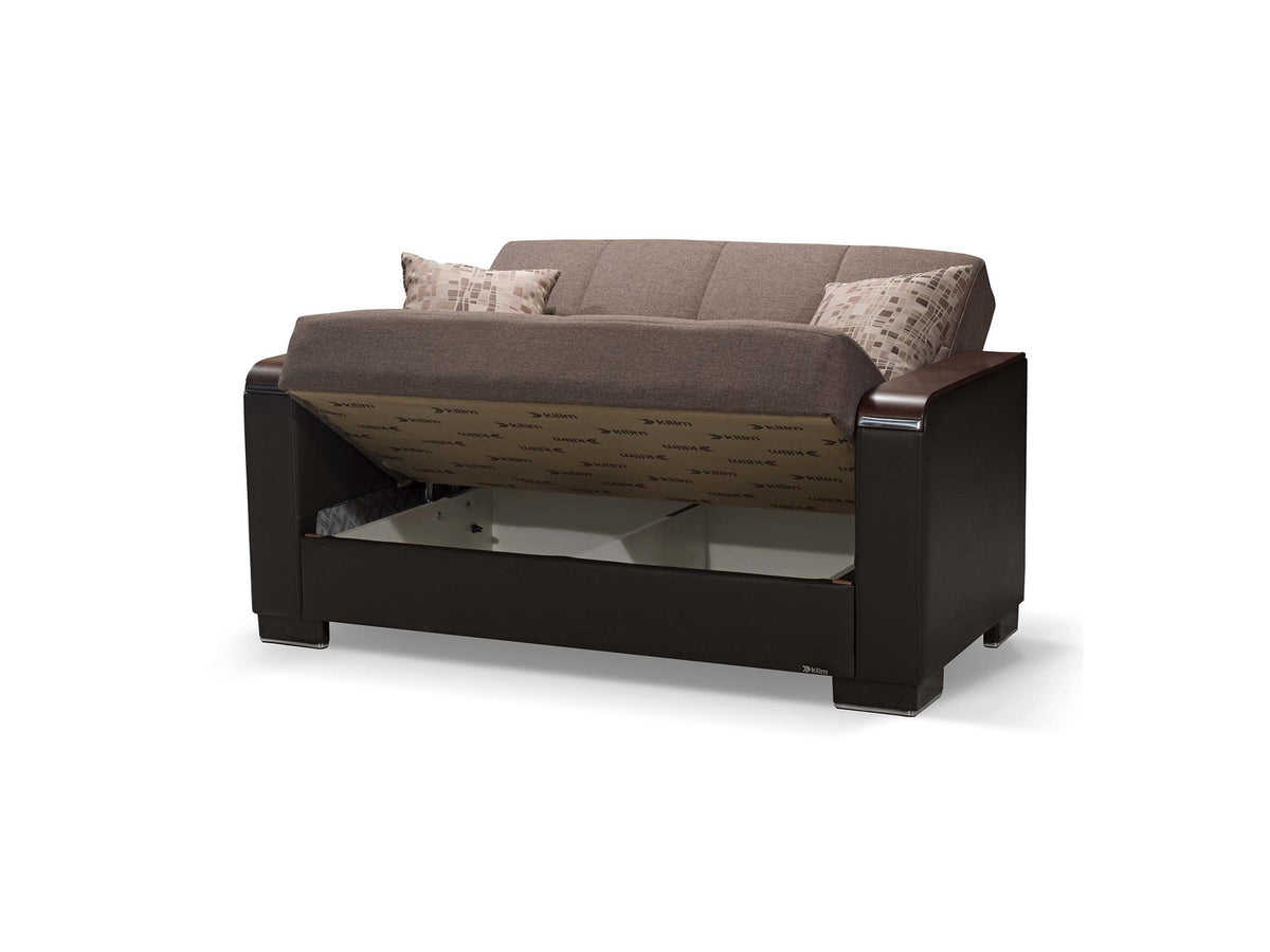 Ottomanson Armada X - Upholstered Convertible Wood Trimmed Loveseat With Storage - Brown PU Polyester