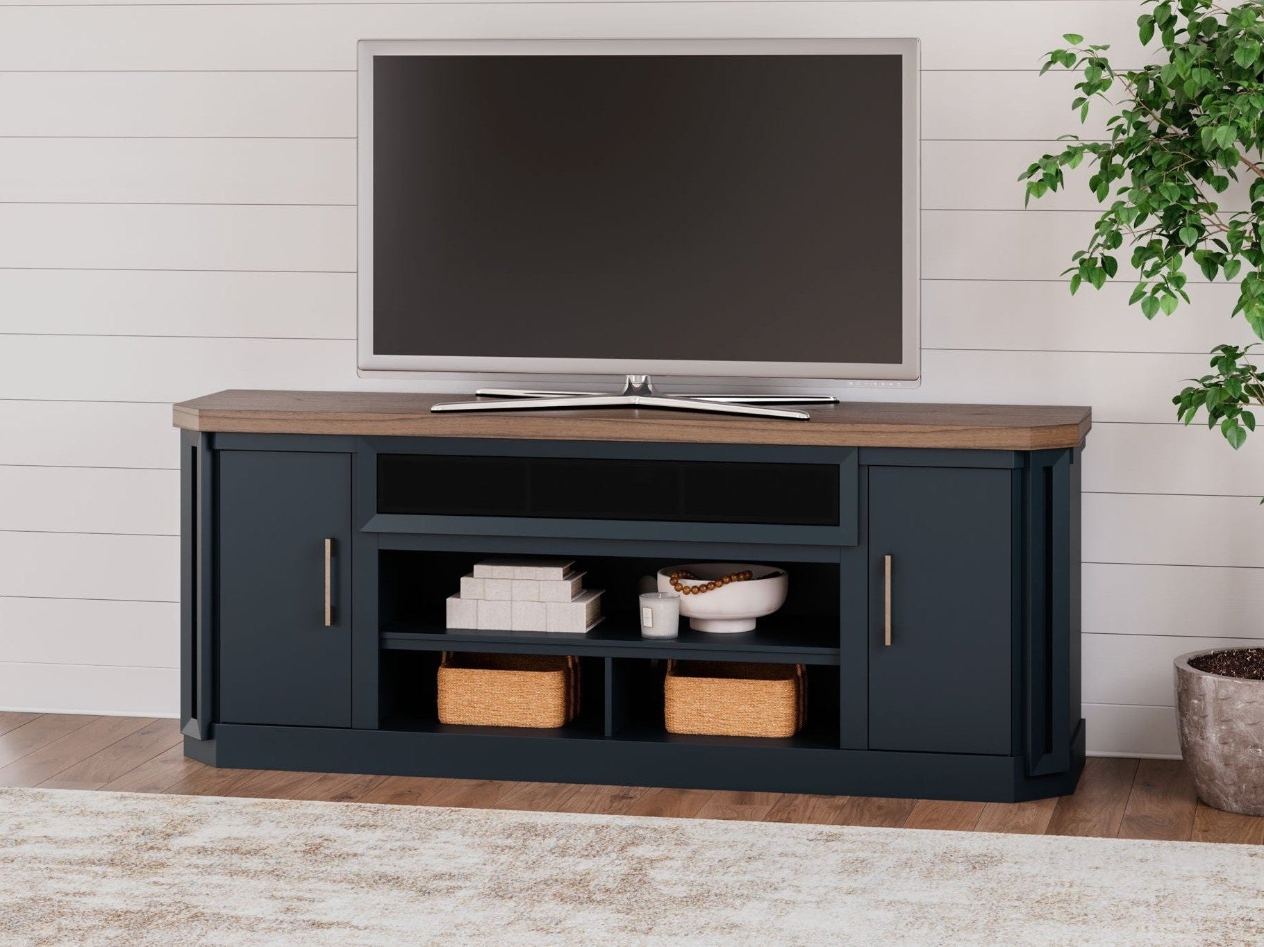 Landocken - XL TV Stand W/Fireplace Option - Brown / Blue