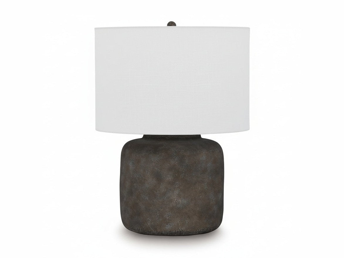 Zandophen table lamp with a textured gray shade and dark brown base on a white background