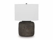 Zandophen table lamp with a textured gray shade and dark brown base on a white background