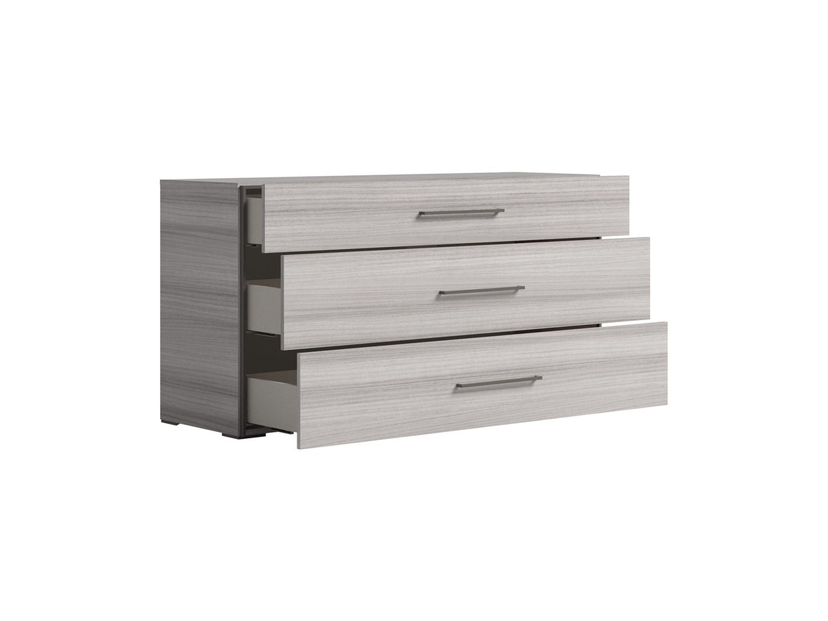 A three-drawer chest of drawers with a light gray wood grain finish and slim silver handles, shown on a plain white background.