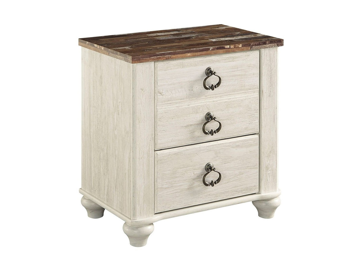 Willowton - Two Drawer Night Stand - Brown / Beige / White