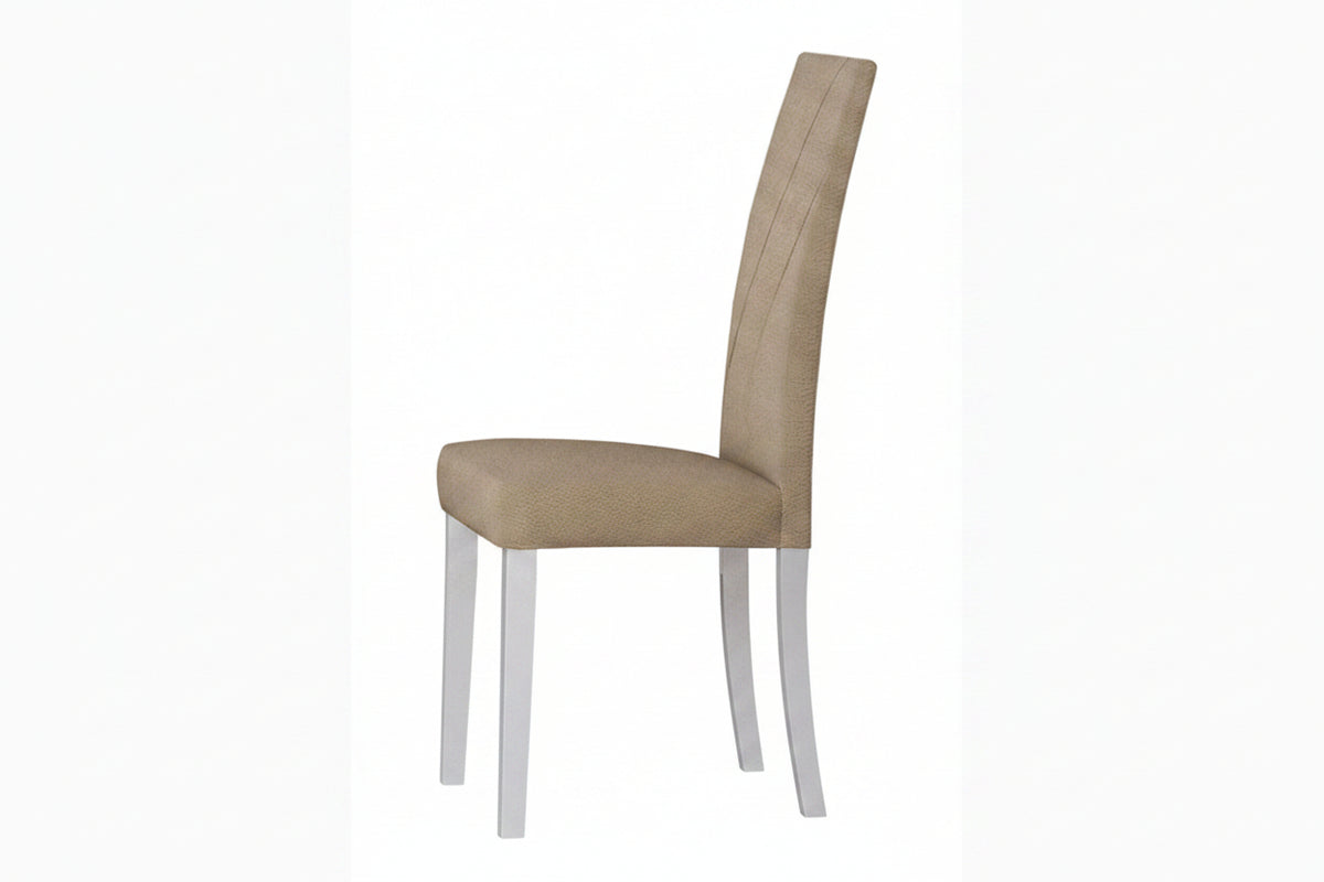 An upholstered dining chair with a tall, slightly angled backrest, upholstered in a textured beige fabric, supported by slim silver metal legs, shown against a plain white background.