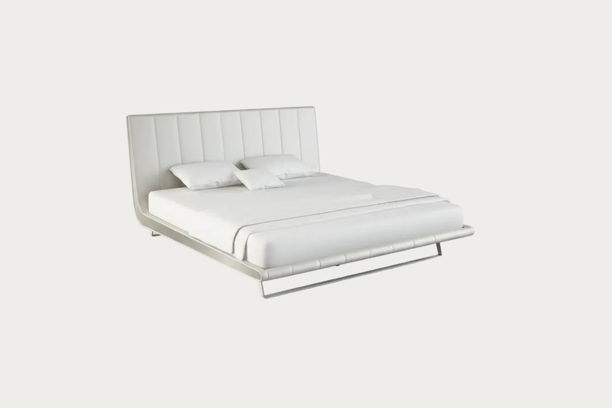 Zina White bed with tufted headboard on a white background