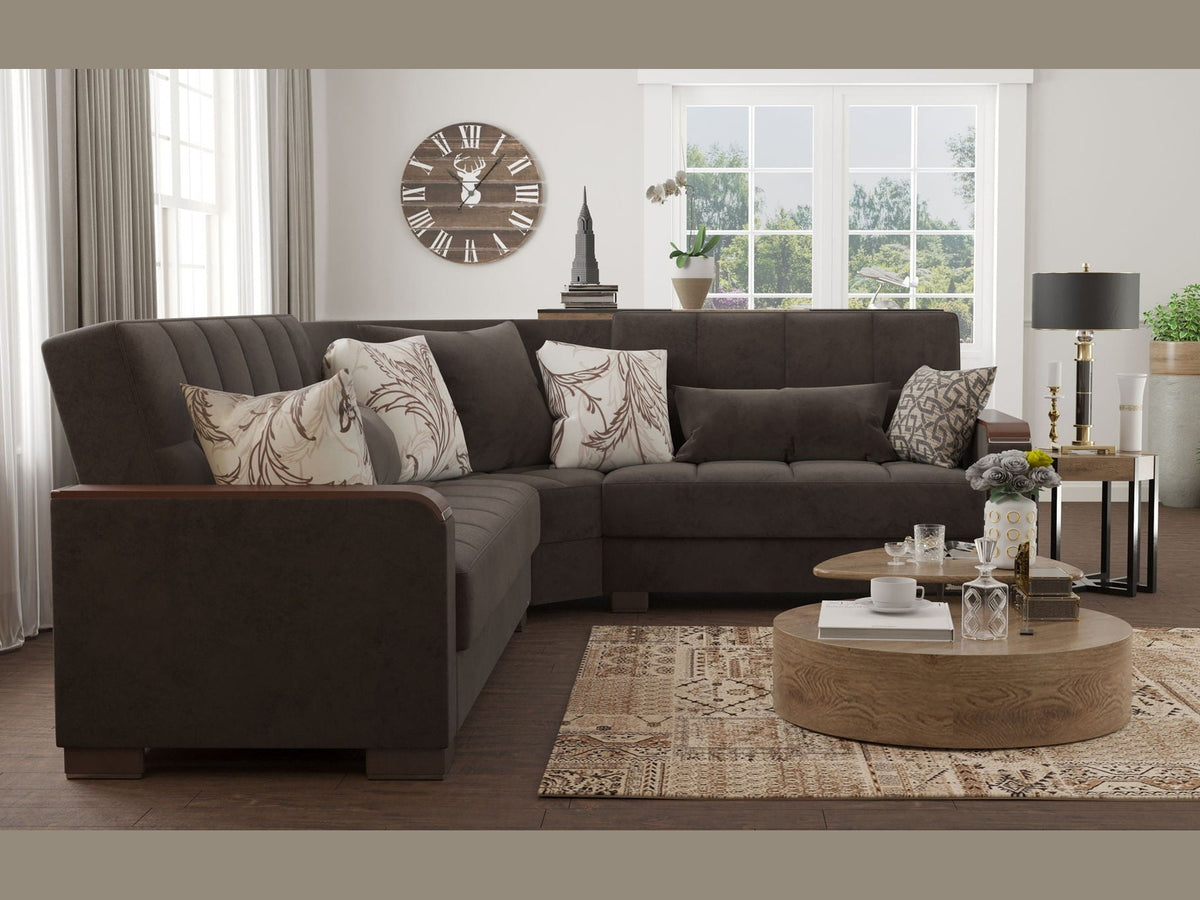 Ottomanson Armada X - Upholstered Convertible Wood Trimmed Sectional With Storage - Microfiber