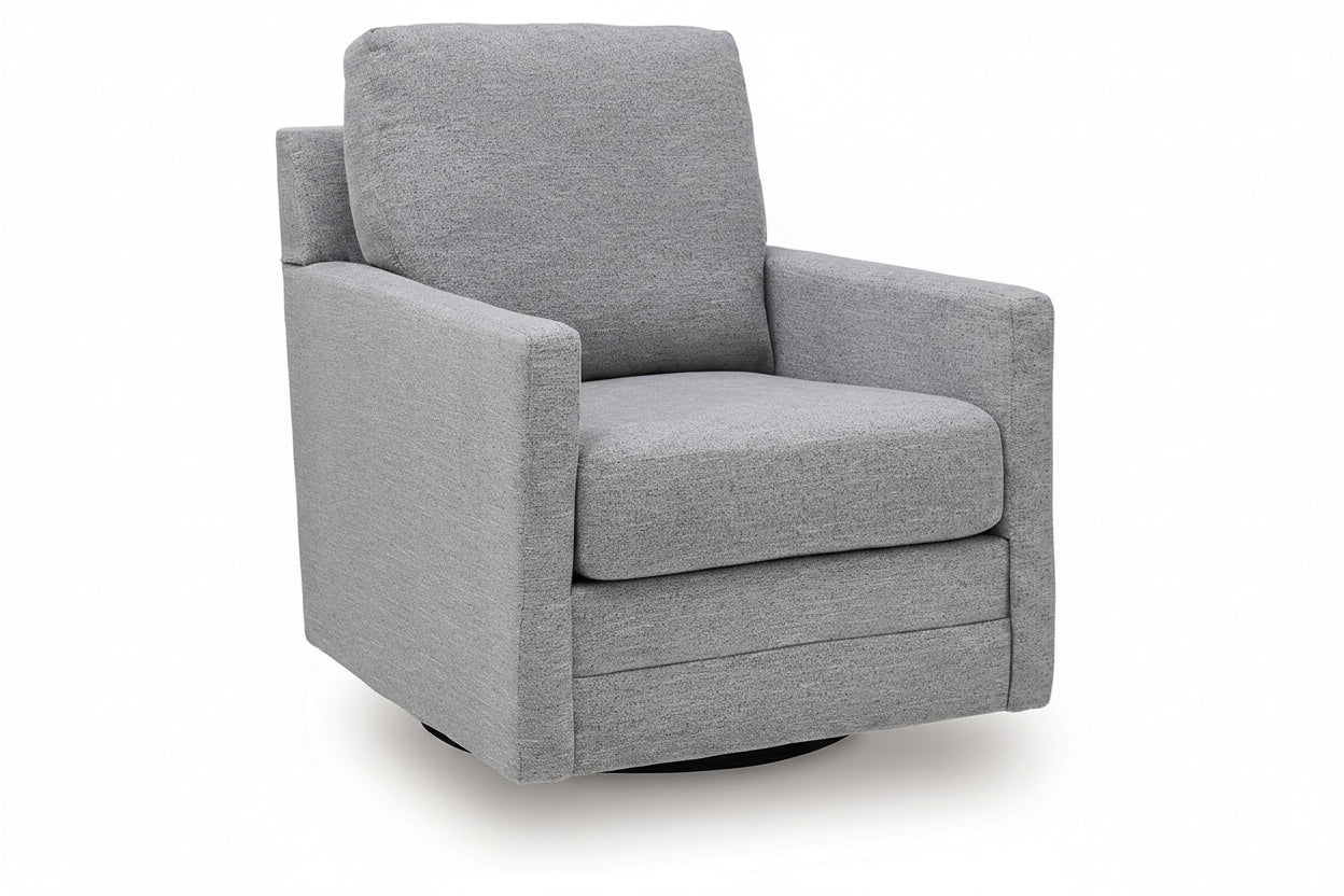Gray upholstered swivel chair on a white background