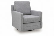 Gray upholstered swivel chair on a white background