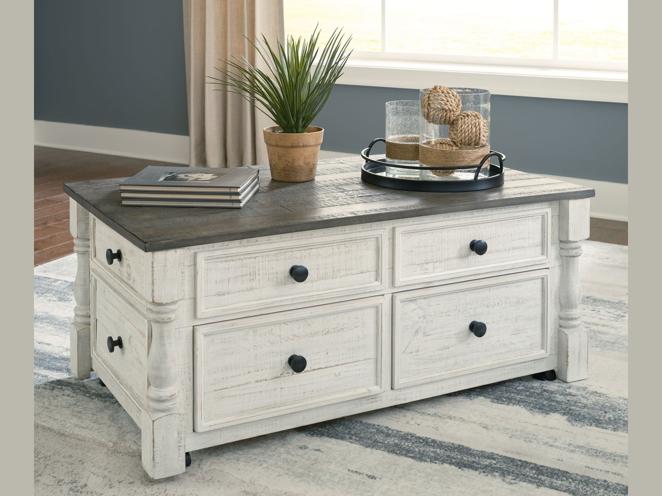 Havalance - Lift Top Cocktail Table with Storage Drawers - White / Gray