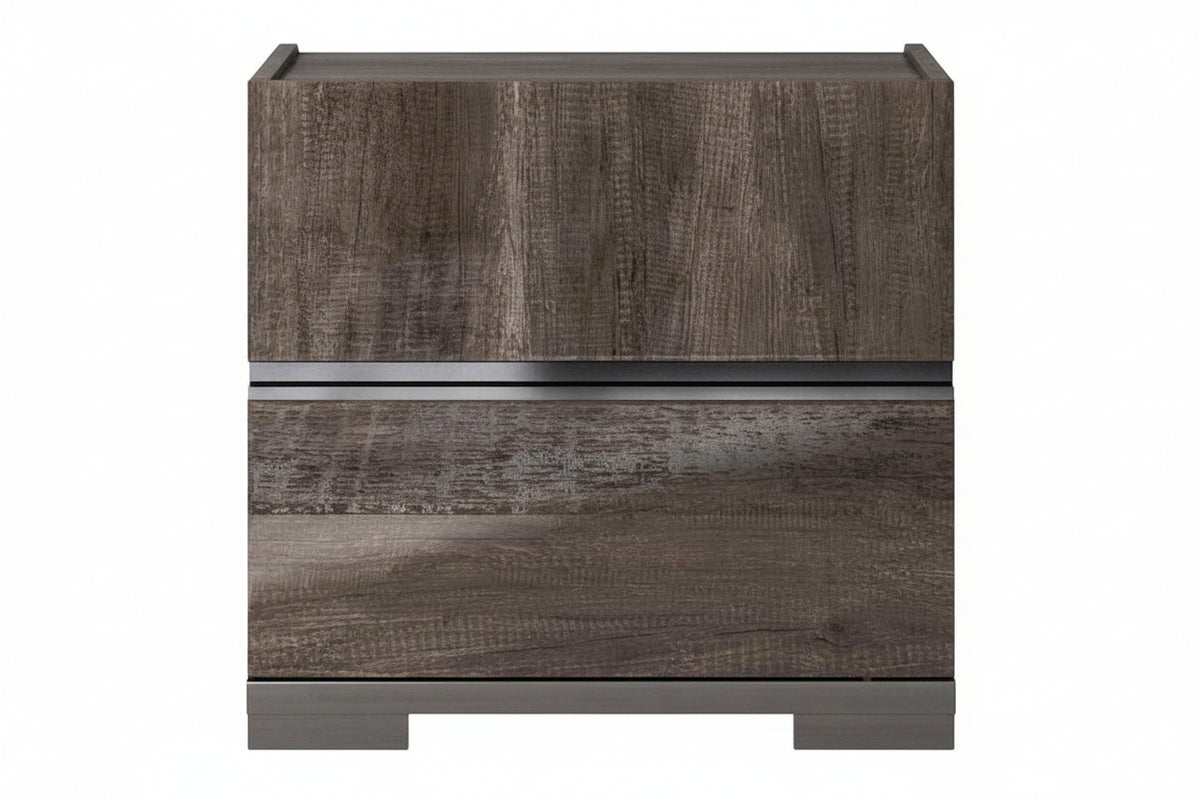 A two-drawer nightstand with a dark brown wood grain finish and a slim metallic silver accent bar separating the drawers, shown against a plain white background.