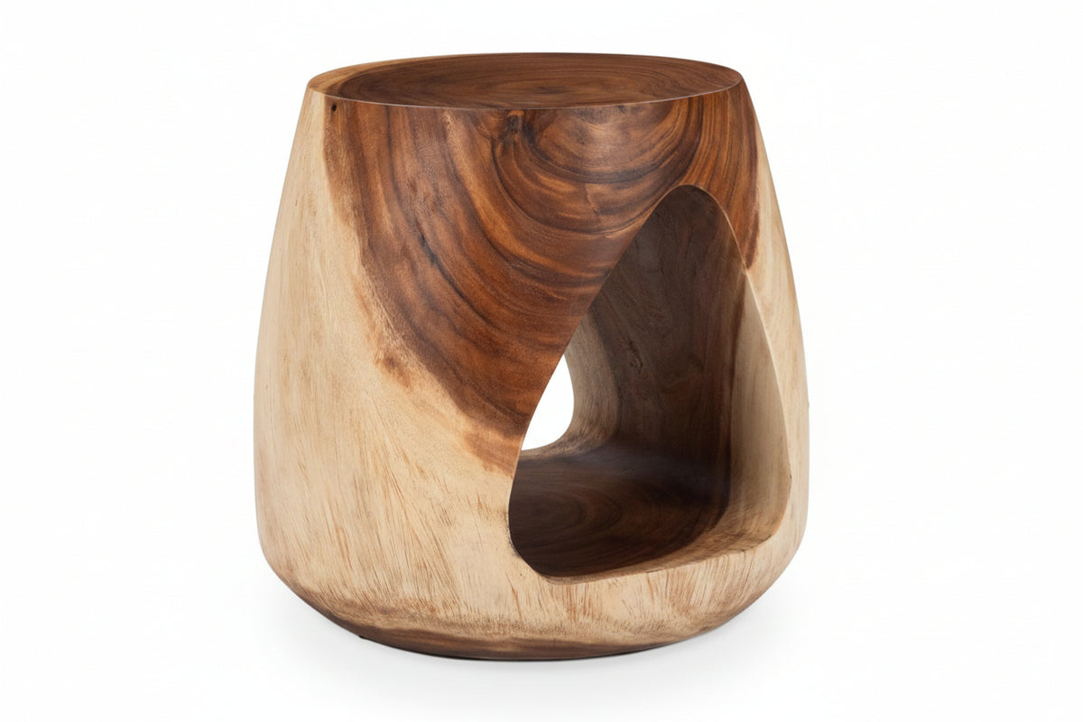 Wooden stool with a natural grain pattern on a white background