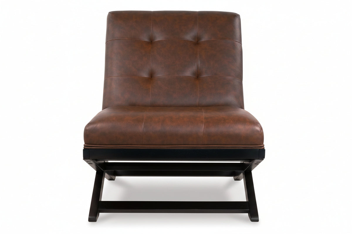 Brown leather chair with black legs on a white background