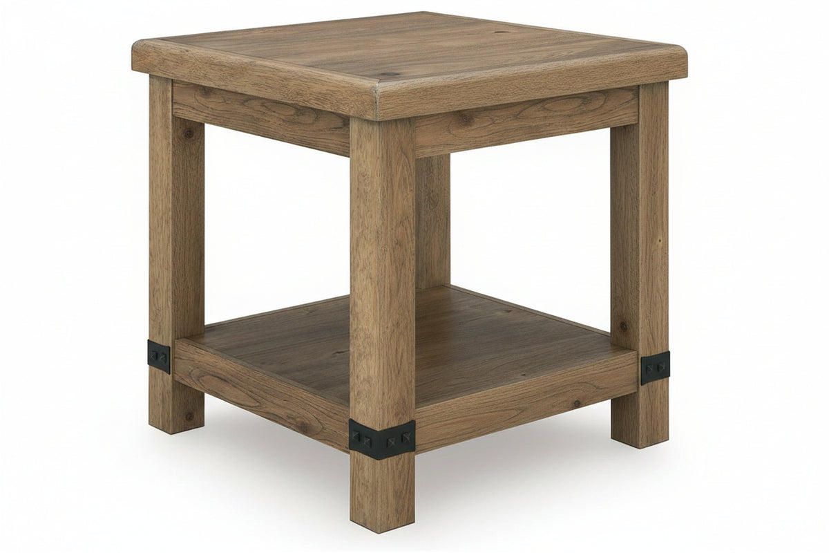A rustic wooden end table with a thick square top, four sturdy legs, and a lower shelf. The wood has a weathered brown finish with visible grain, and small black metal brackets are attached near the bottom of each leg.