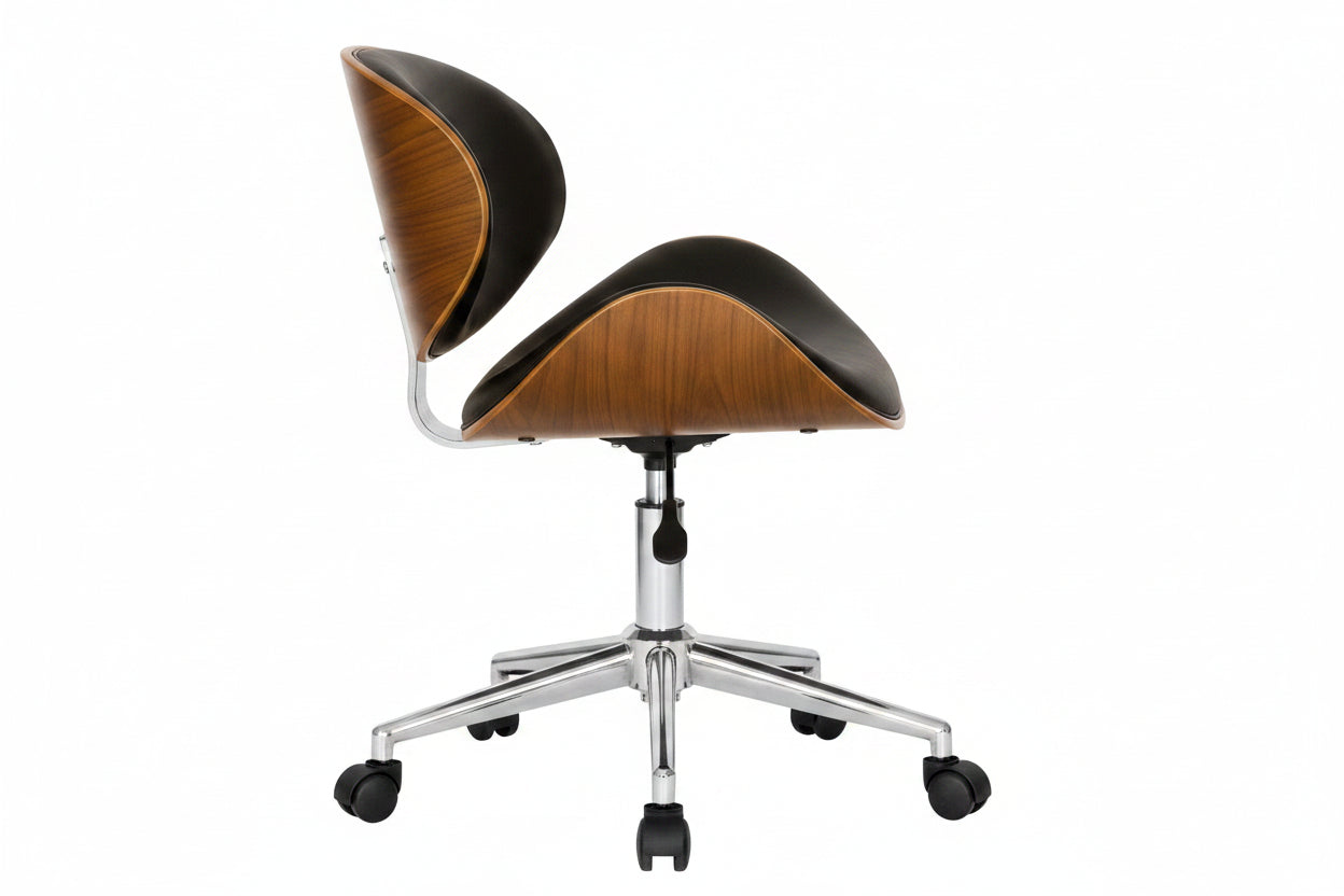 Modern office chair with black seat and wooden armrests on a white background