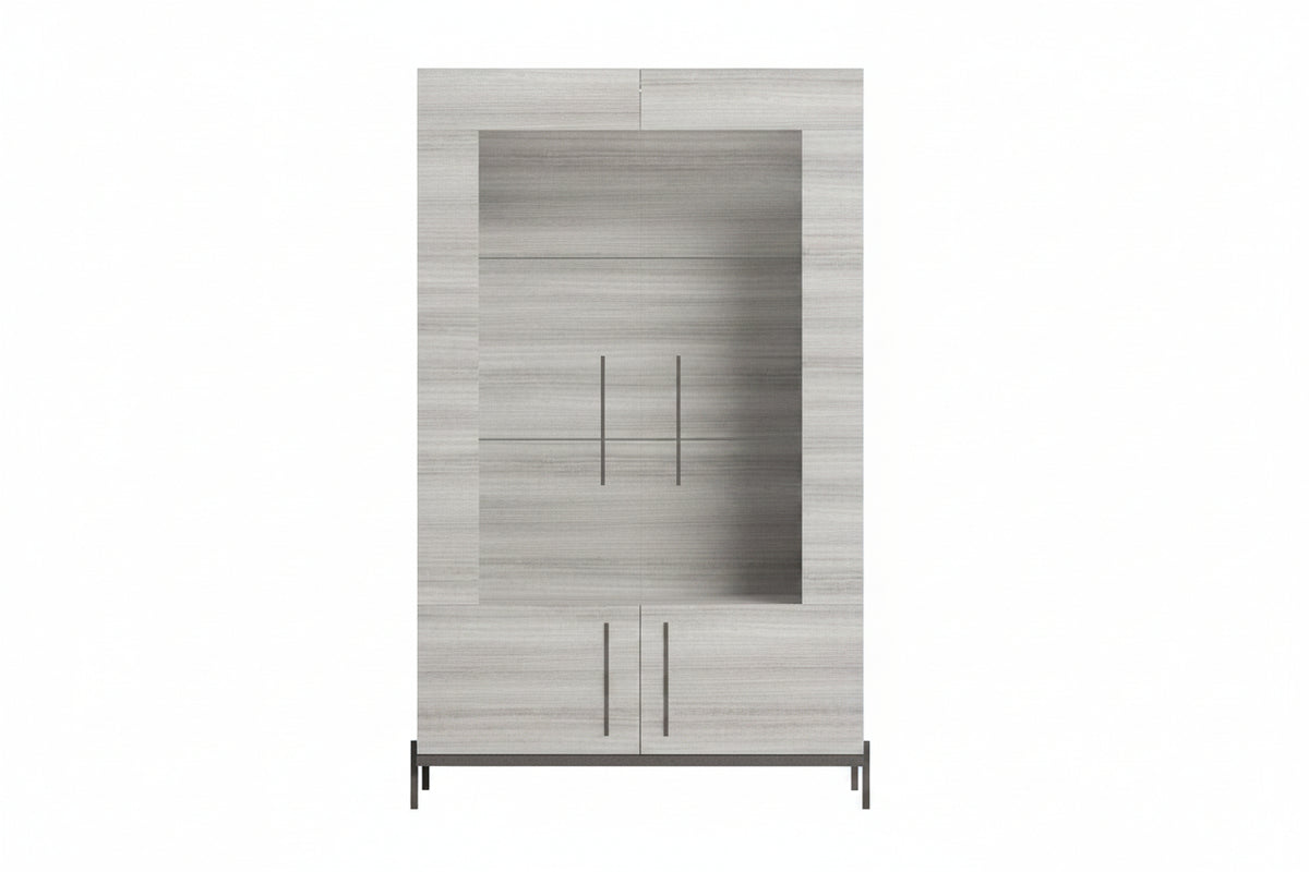 A modern tall cabinet with a light gray wood grain finish, featuring a central recessed panel with two slim vertical handles and a dark metal base frame, shown against a plain white background.