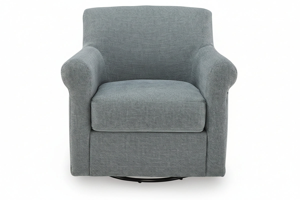 A light gray upholstered armchair with a swivel base, shown against a plain white background.