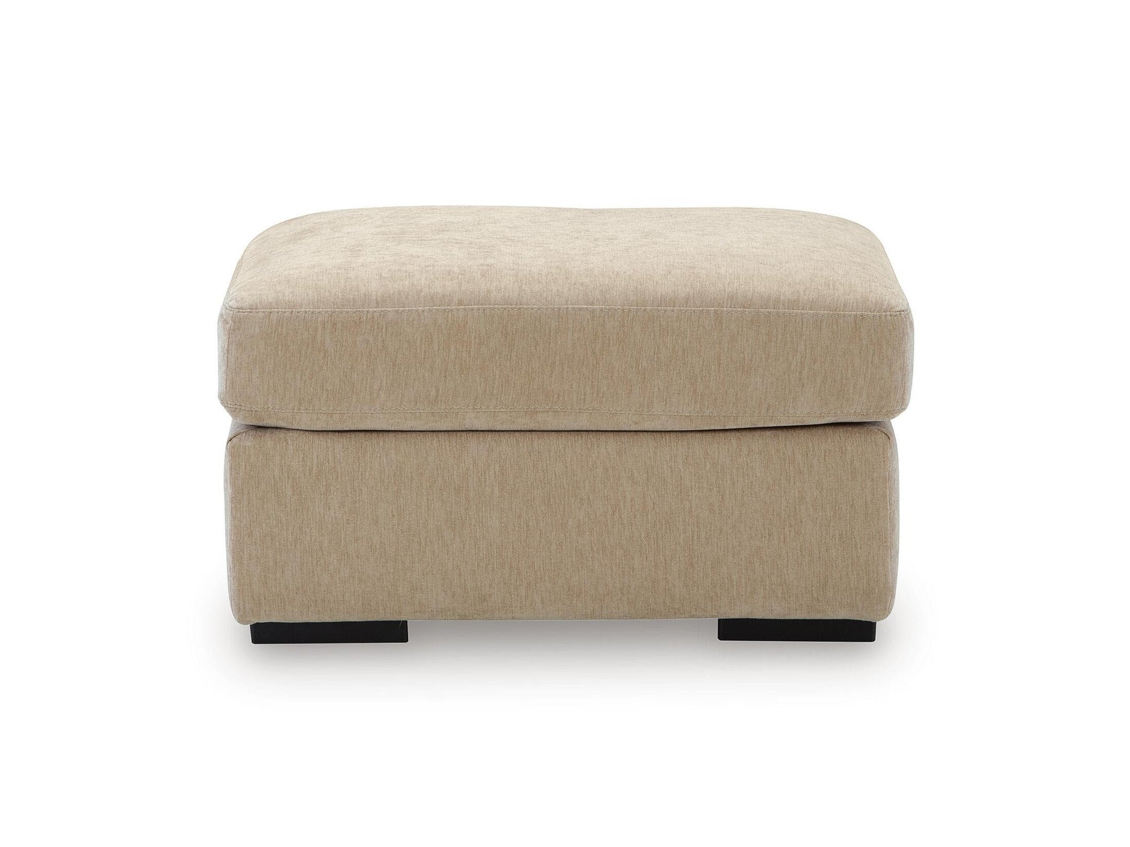 A modern two-tier upholstered ottoman in a textured beige fabric, shown from the front against a plain white background.