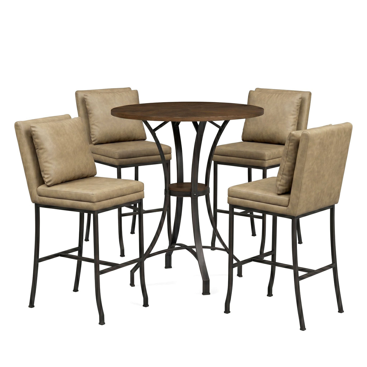 Winslow - 5-Piece Round Walnut Wood Tabletop Pub Table Set With Stools, Seats Up To 4 - Mushroom Brown