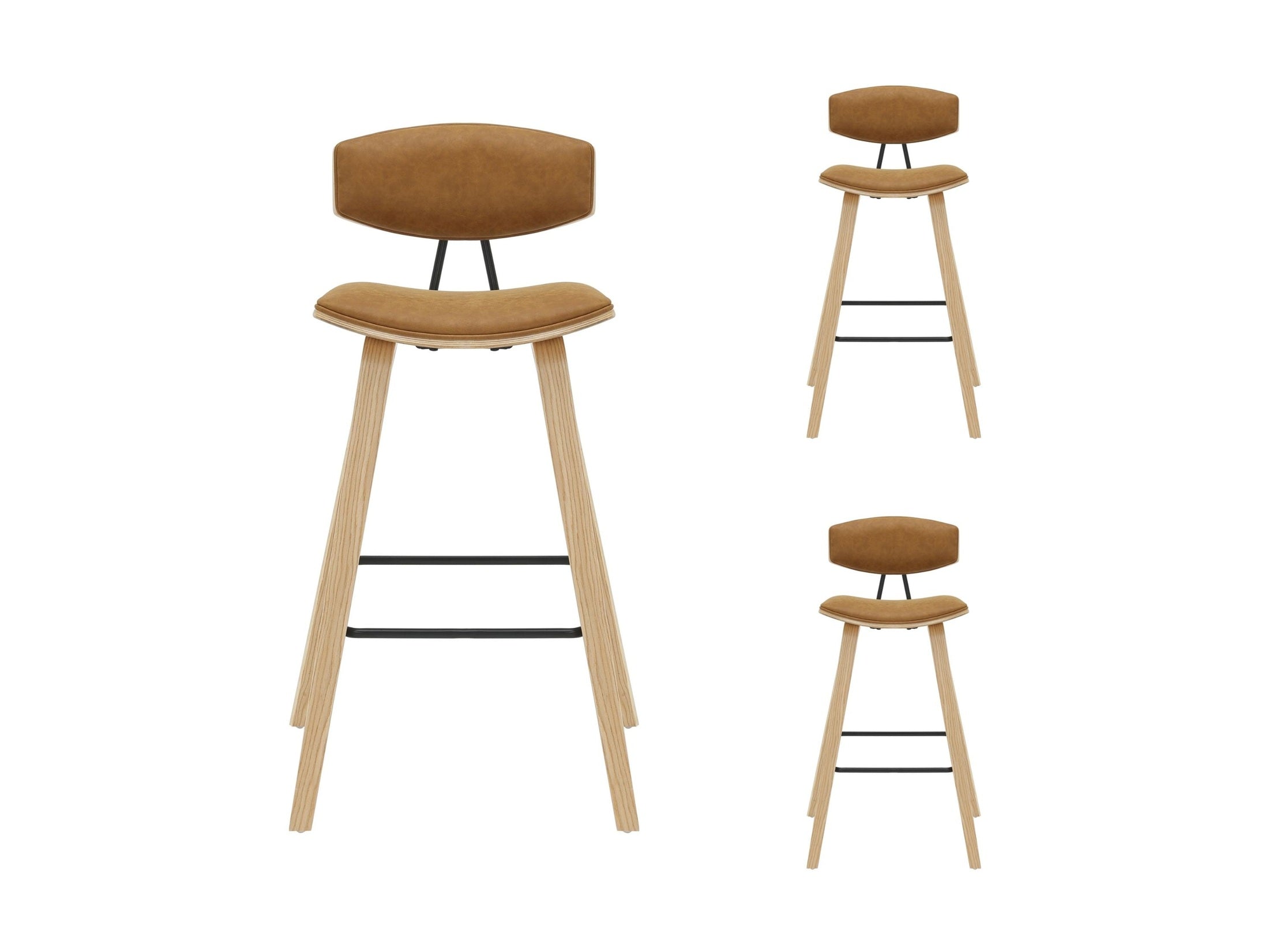 Fox - Bar Height Curved Back Wood Bar Stool With Faux Leather Seat