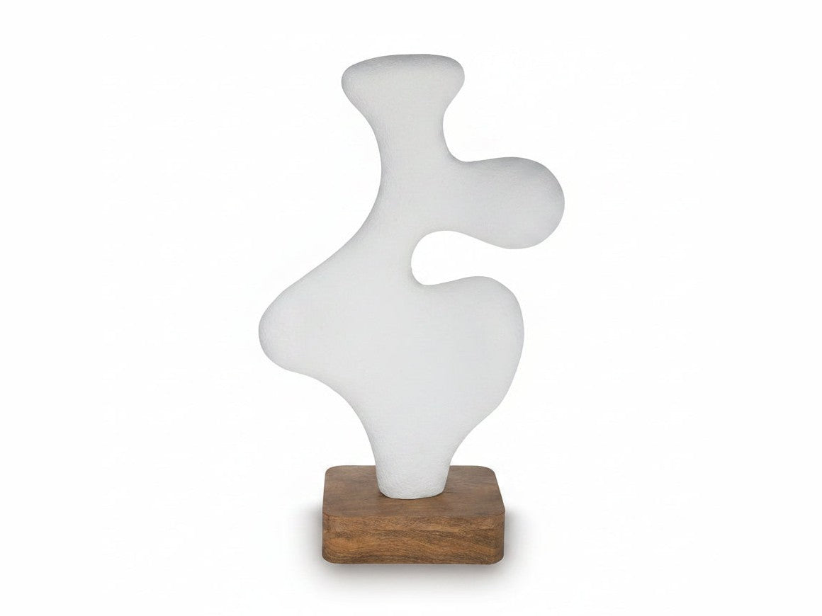 Lavarsen abstract white sculpture on a wooden base against a white background.