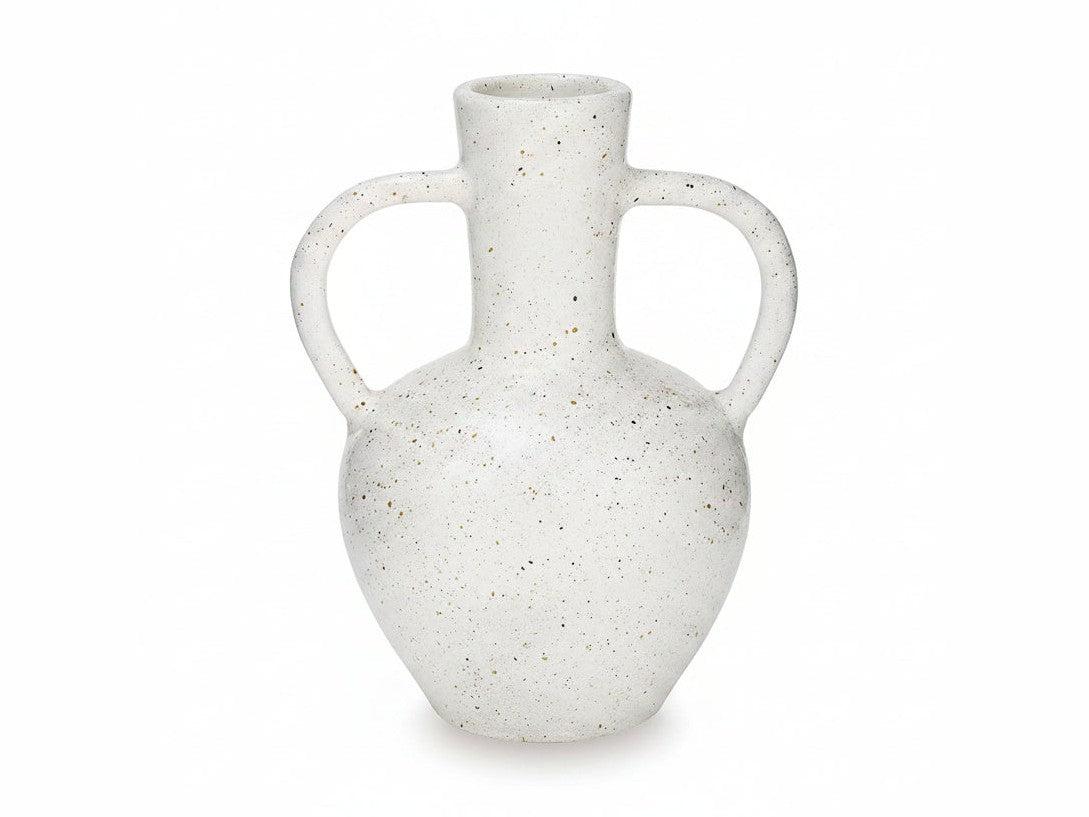 Dallinworth white speckled ceramic vase with two handles on a white background.