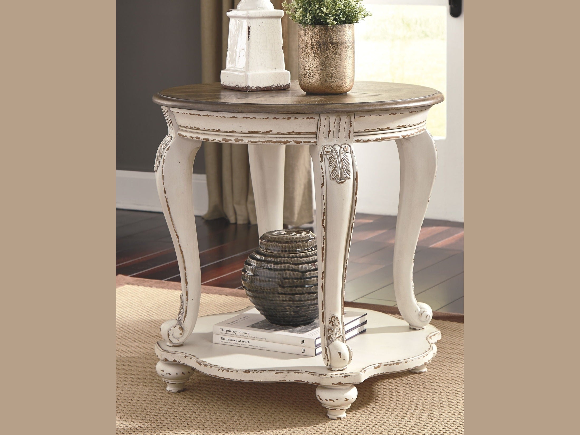 Realyn - Round End Table - White / Brown