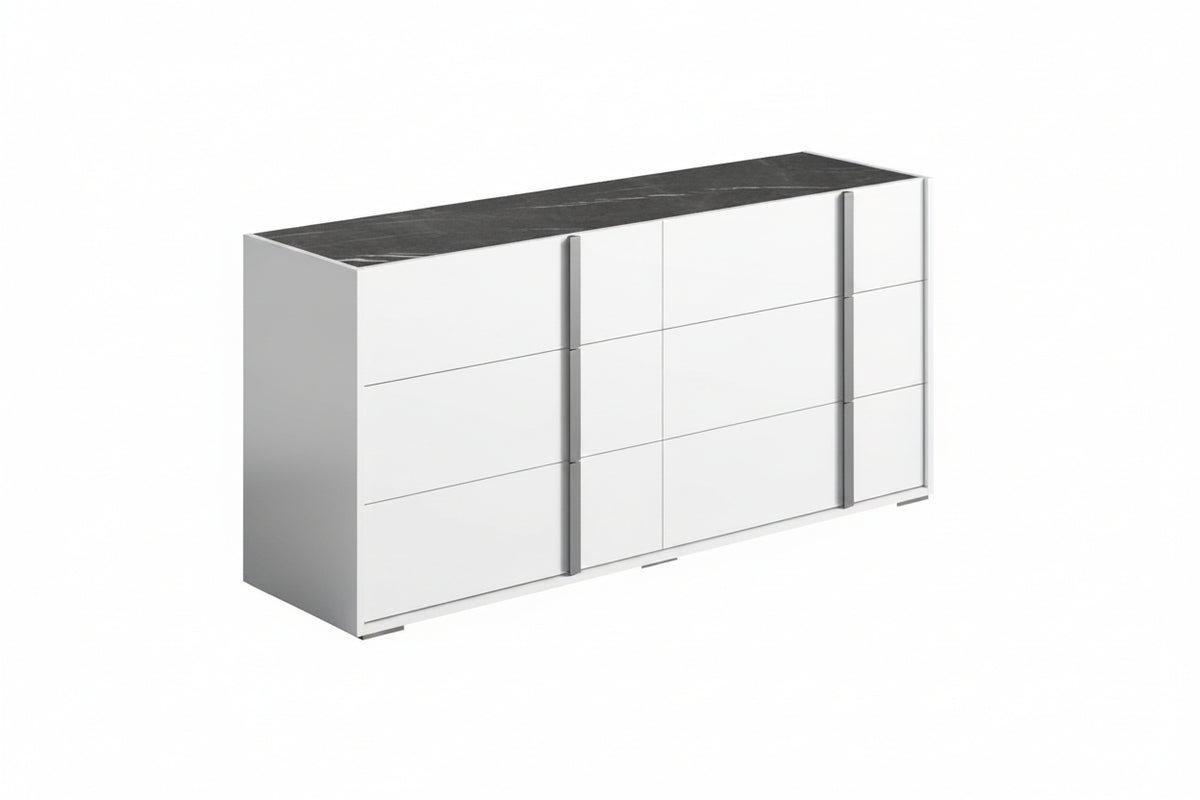 A modern sideboard or credenza with a white high-gloss finish, featuring six drawers on the left and three larger doors on the right, with a dark gray stone-look top and slim vertical handles.