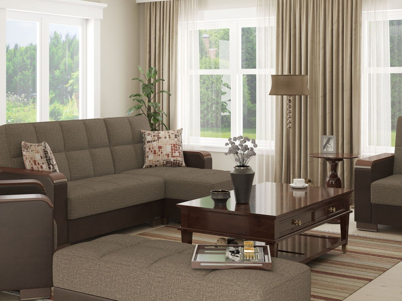 Ottomanson Armada X - Upholstered Convertible Wood Trimmed Ottoman With Storage - Brown PU Polyester
