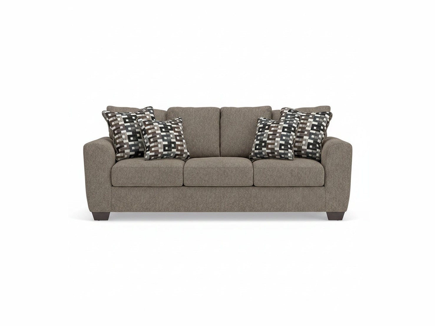 Gray sofa with patterned cushions on a white background