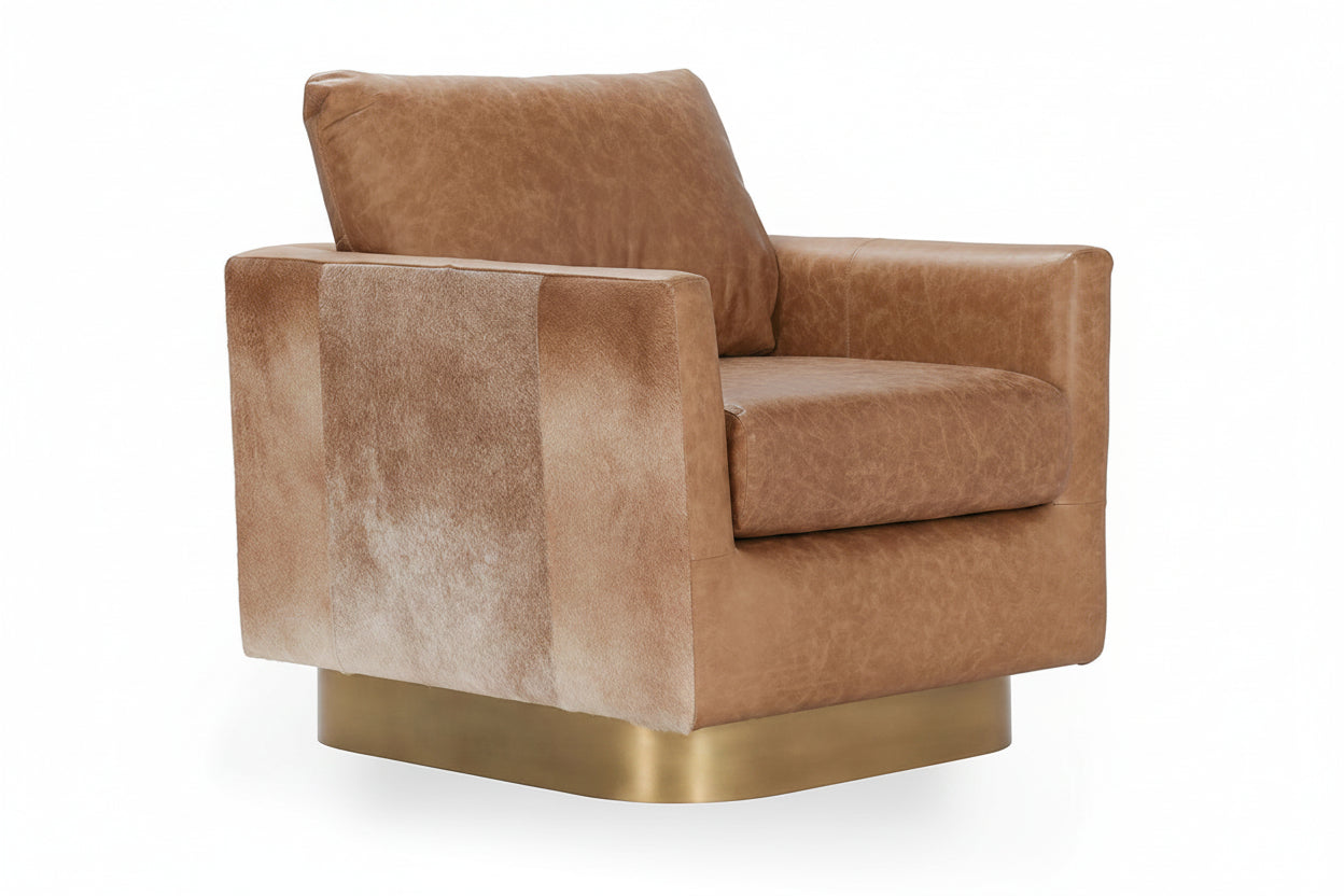 Brown armchair with a gold base on a white background