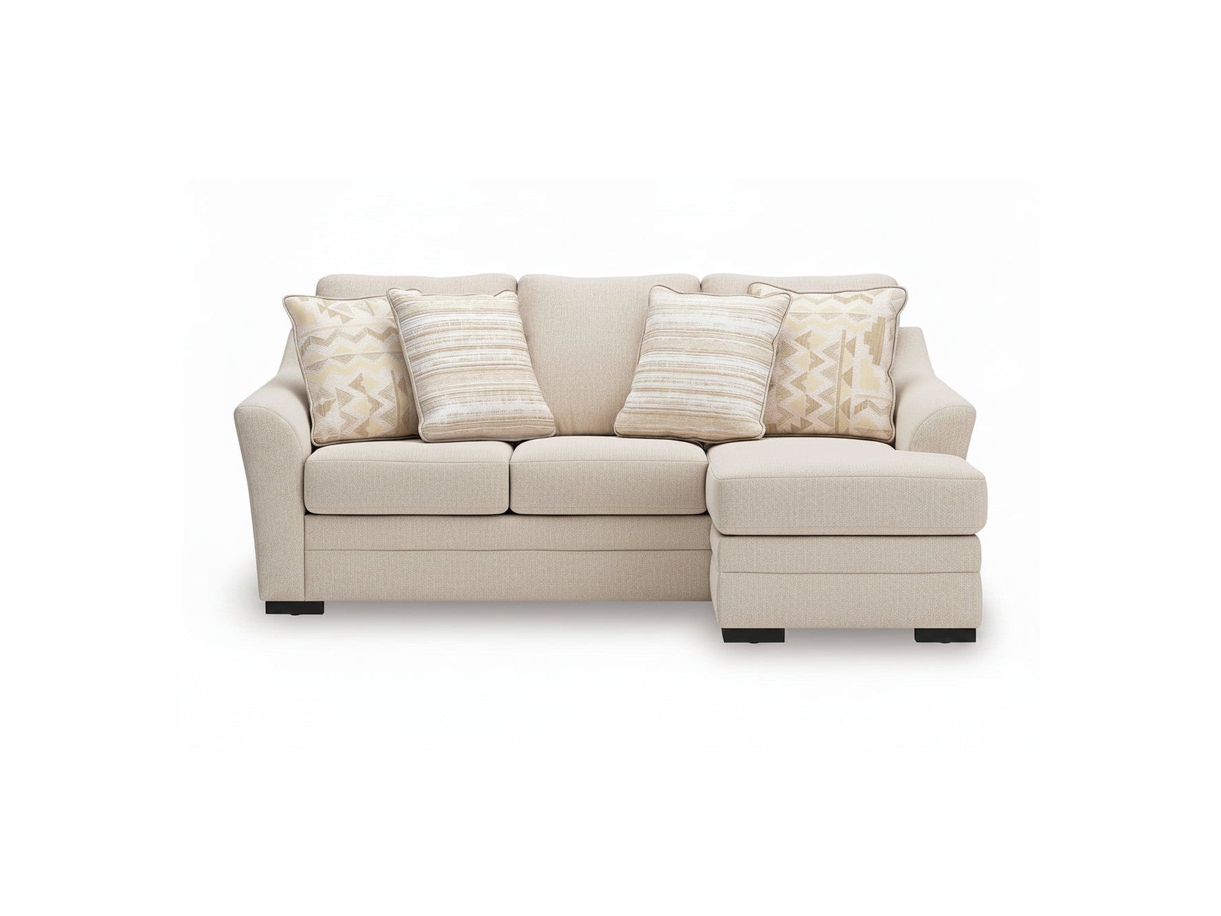 Lango beige sectional sofa with patterned cushions on a white background.