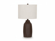 Jyler table lamp with a brown ceramic base and white shade on a white background.