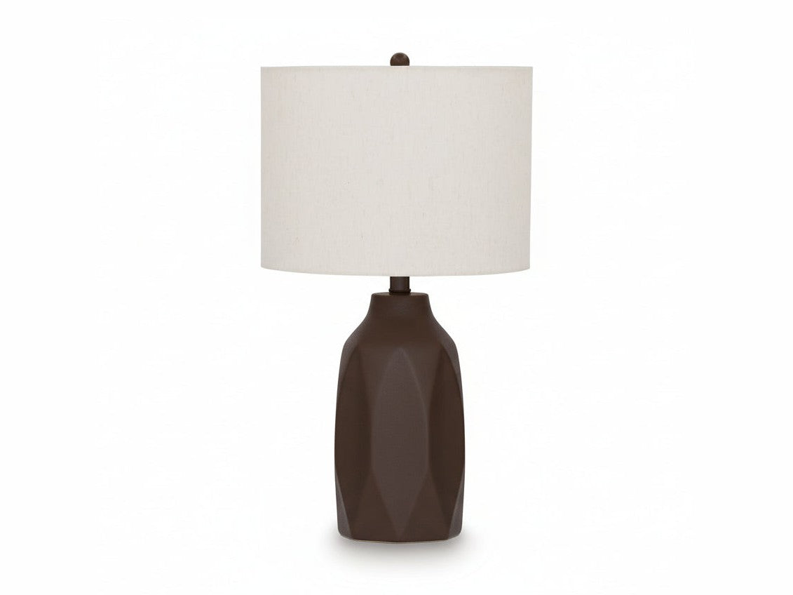 Jyler table lamp with a brown ceramic base and white shade on a white background.