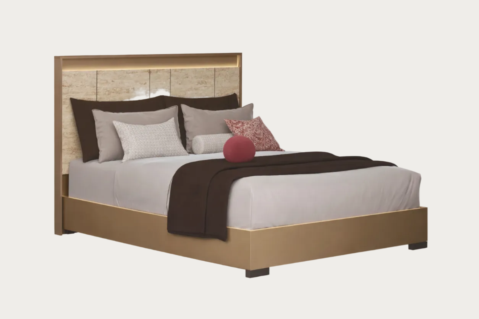 ALF Jo bed with wooden headboard and bedding on a white background