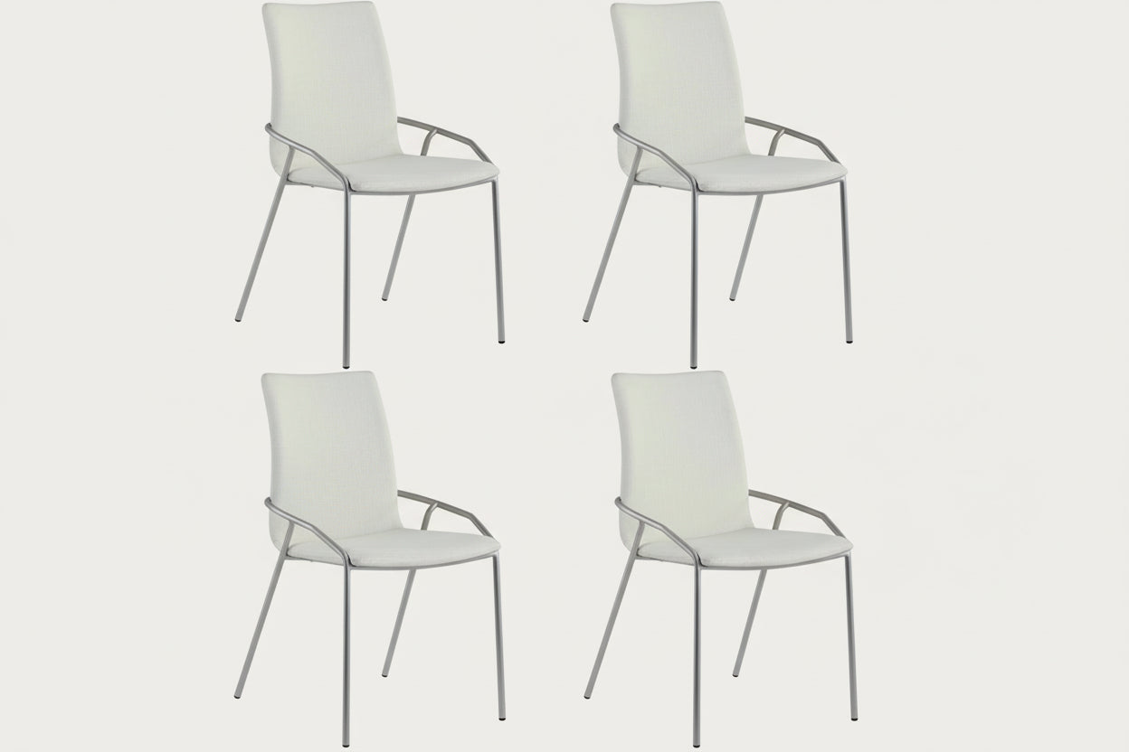Four Alicia white side chairs with metal frames on a white background