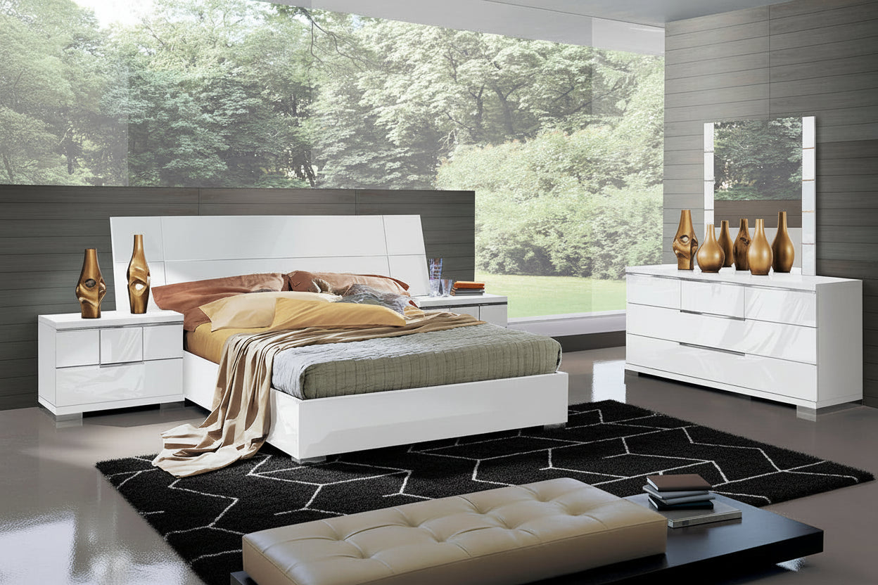 Asti modern bedroom set furniture, including a bed, nightstands, and dresser, in a room with large windows showing greenery.