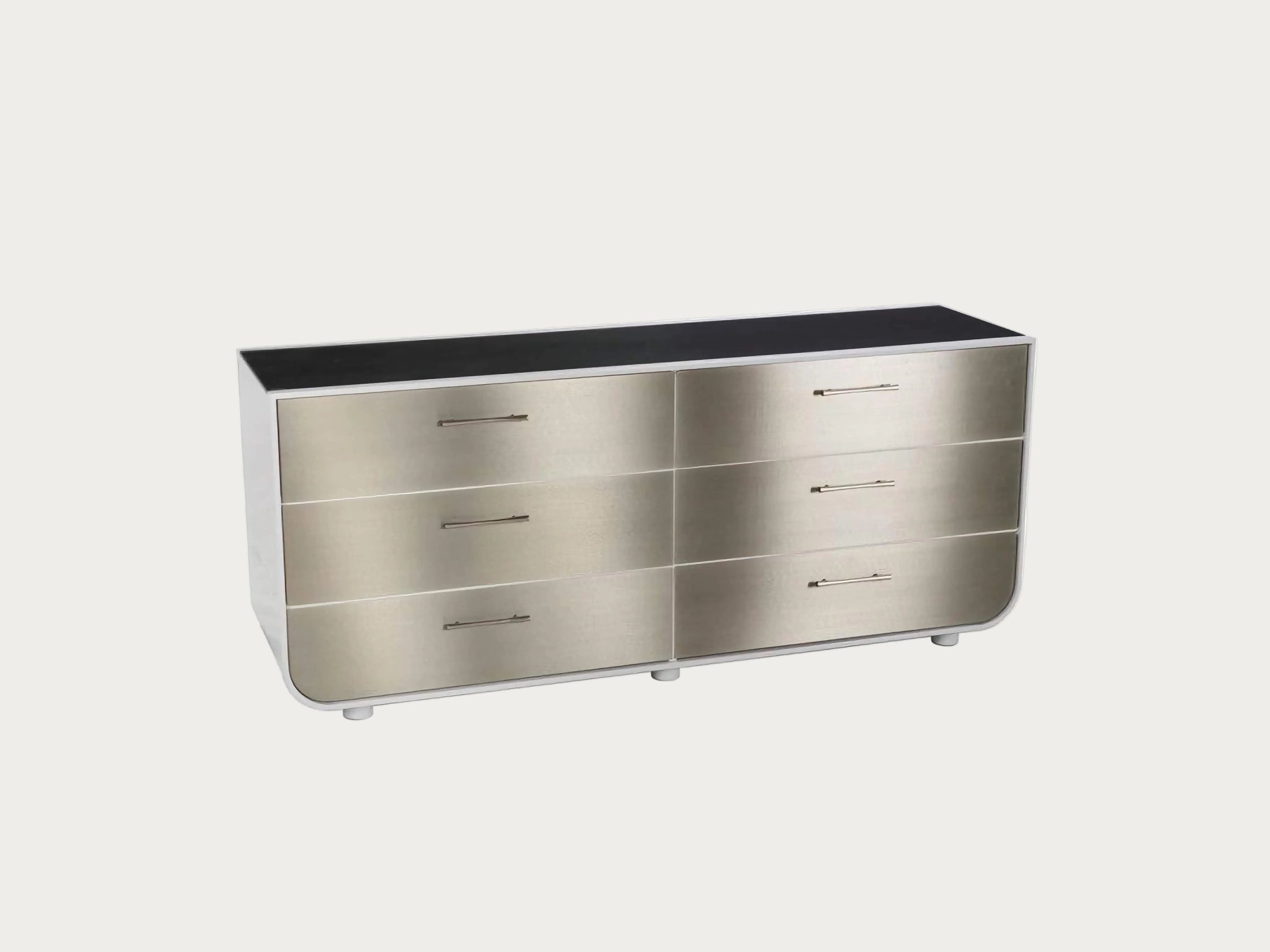 Andre silver dresser with black top on a white background