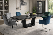 Ariana modern dining room with a black dining table and colorful chairs.