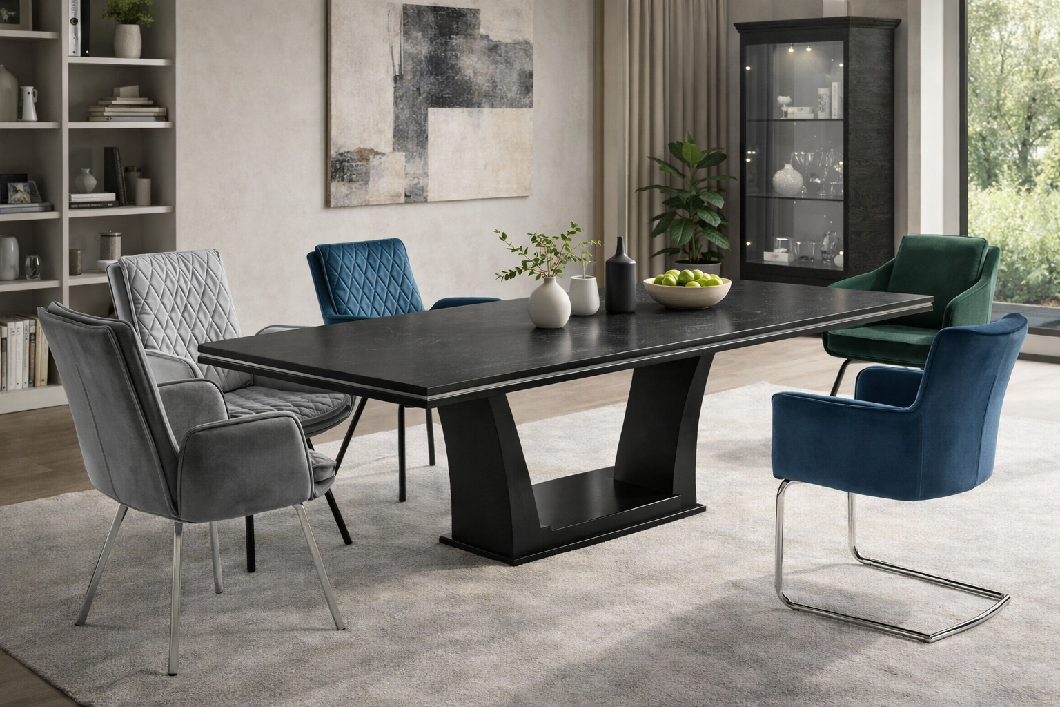 Ariana modern dining room with a black dining table and colorful chairs.