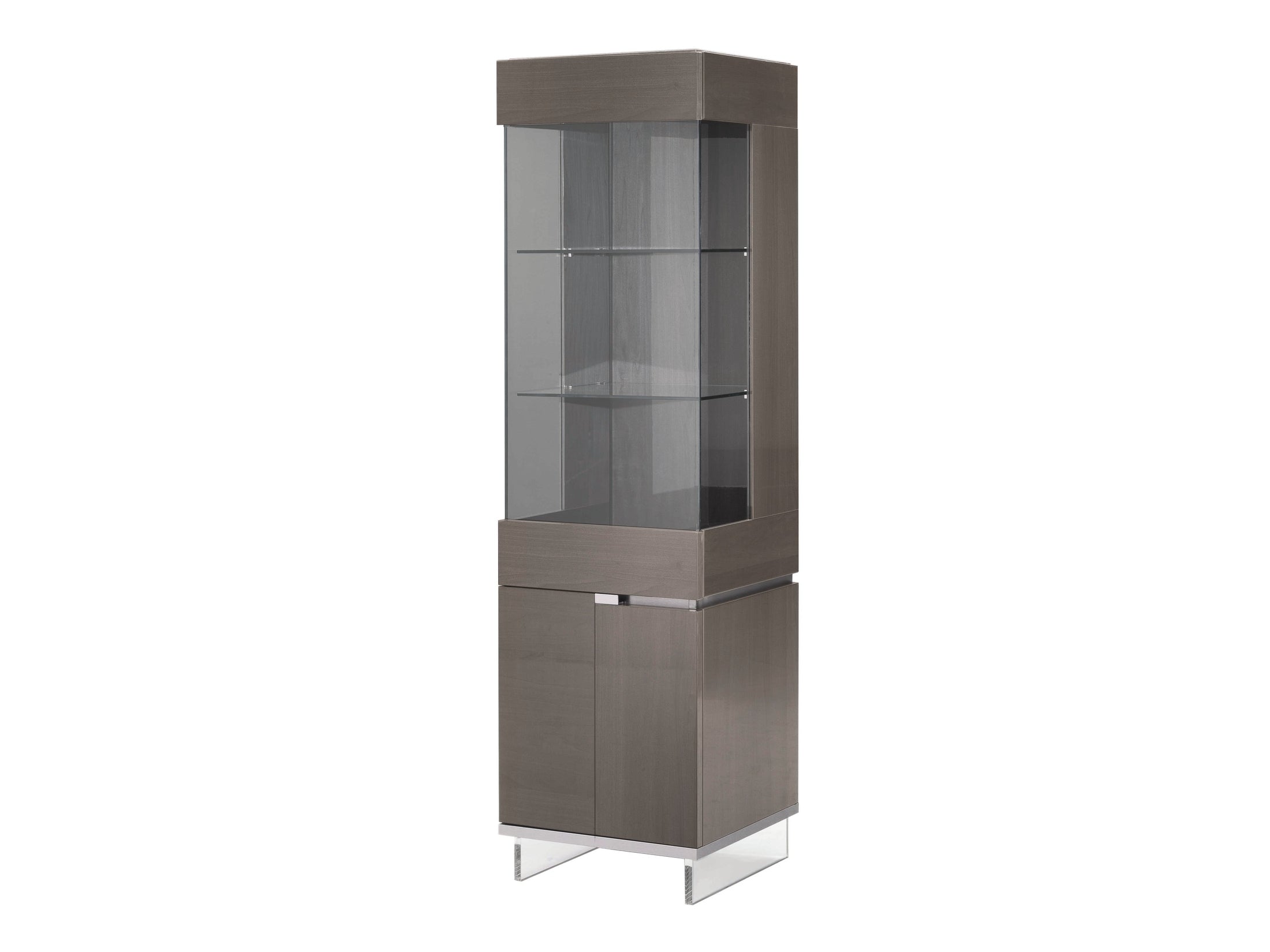 Athena dark gray display cabinet with glass shelves on a white background.