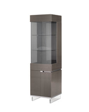 Athena, a tall dark gray display cabinet with glass shelves on a white background.