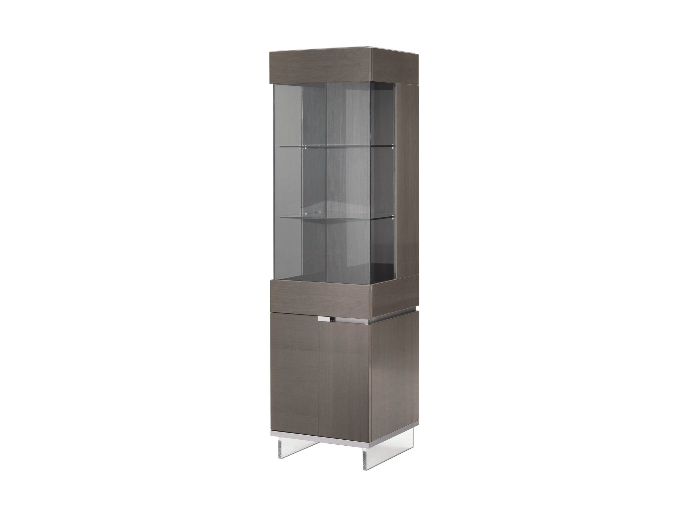 Athena, a tall dark gray display cabinet with glass shelves on a white background.