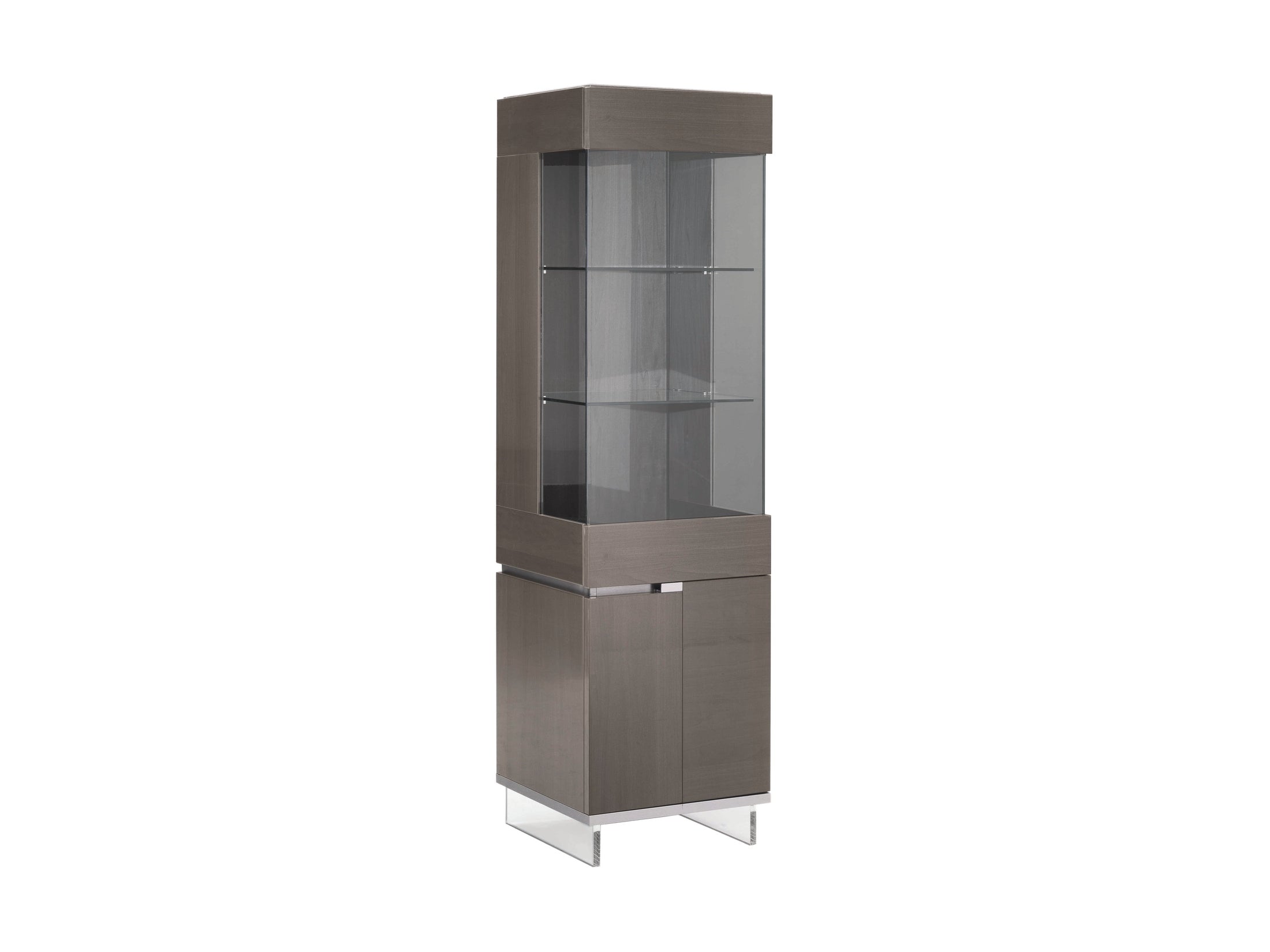 Athena dark gray display cabinet with glass shelves on a white background.