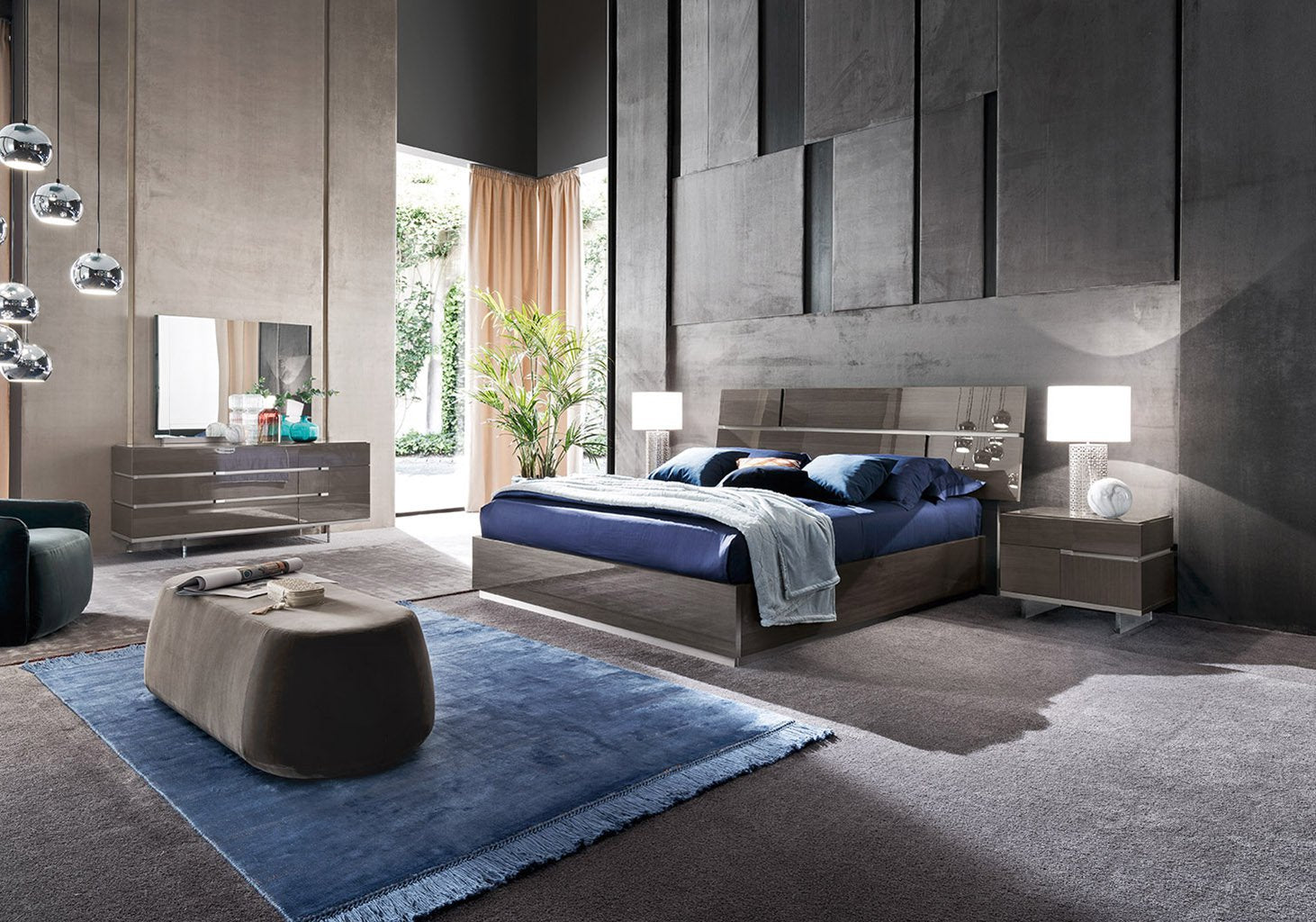 Athena modern bedroom with a bed, nightstands, and decorative elements.