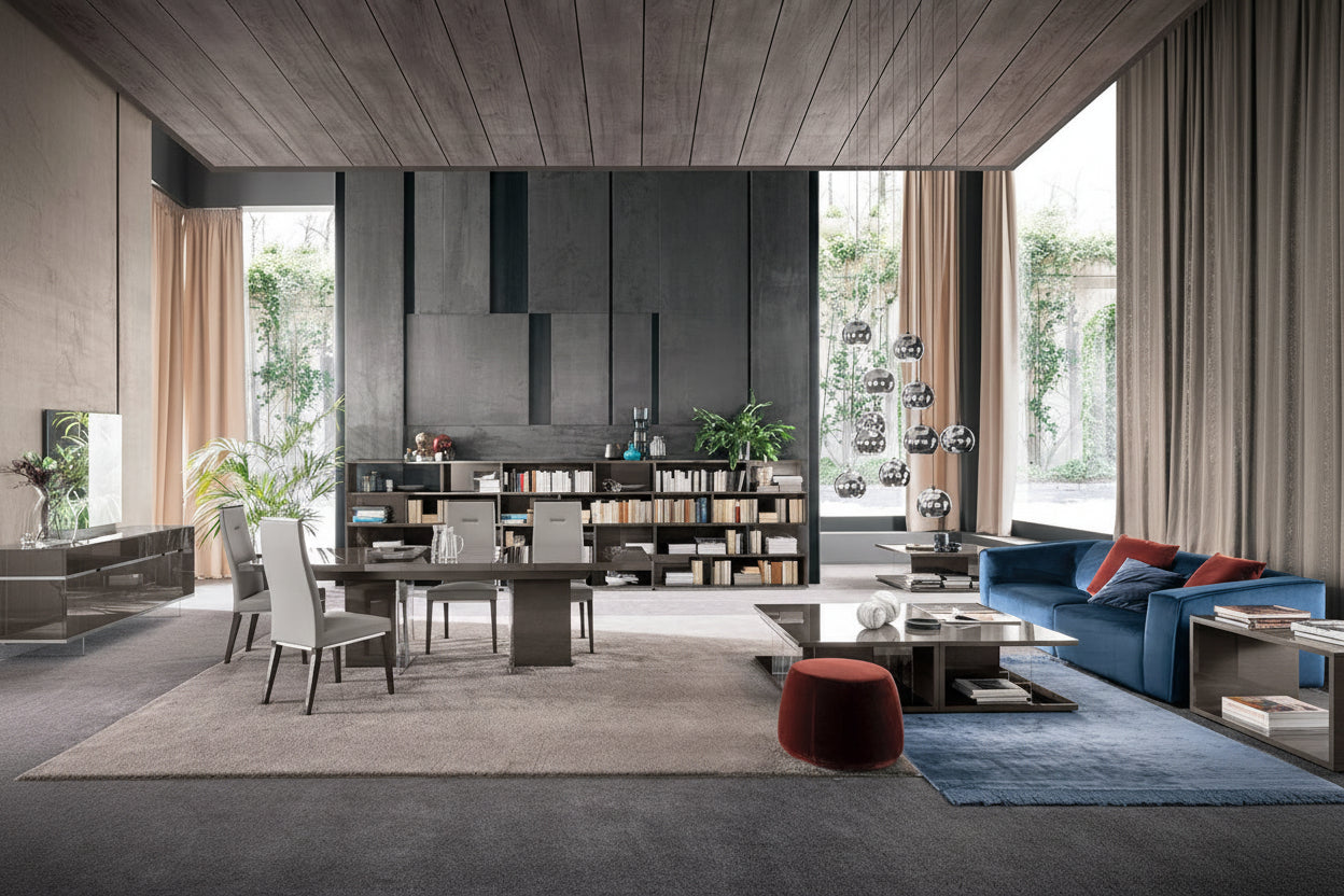 Athena modern dining room furniture with a bookshelf, sofa, and decorative items.