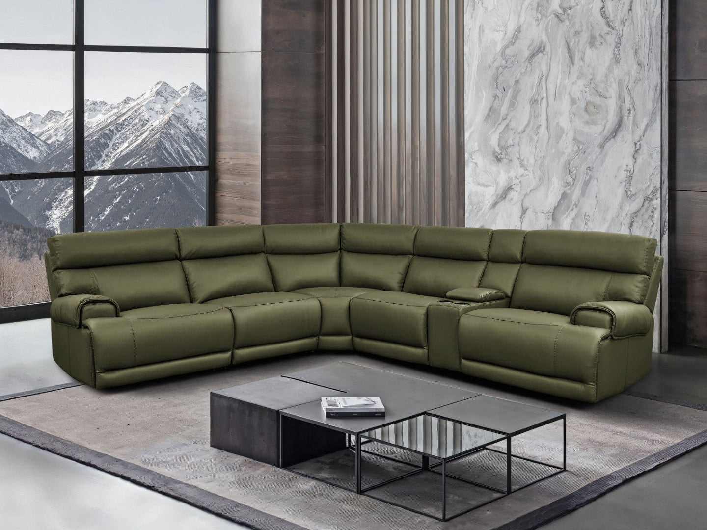 Baron olive green sectional sofa in a modern living room with large windows and a mountain view.
